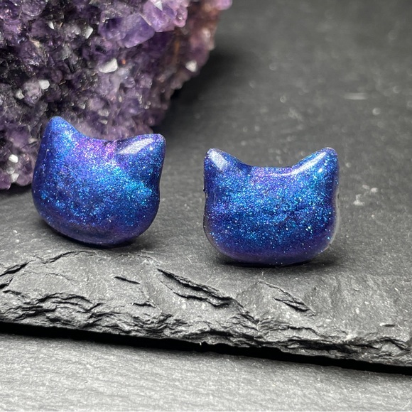 Custom Purple and Blue Sparkling Cat Hand Crafted Stud Post Earrings - Picture 3 of 10